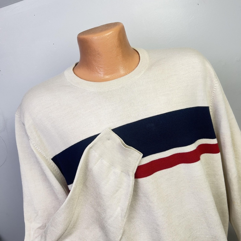 Brooks Brothers Sweater Mens XL White Merino Wool Stripe Crew Neck Knit Pullover